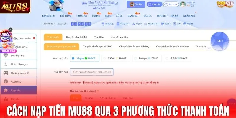 Cách nạp tiền MU88 qua 3 phương thức thanh toán